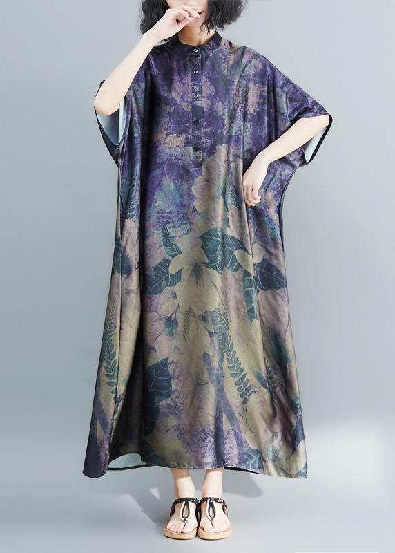 Women stand collar tunic dress Runway dark purple print Robe Dress summer - bagstylebliss