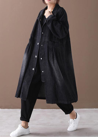 Women stand collar Cinched Fashion coat denim black loose outwears - bagstylebliss