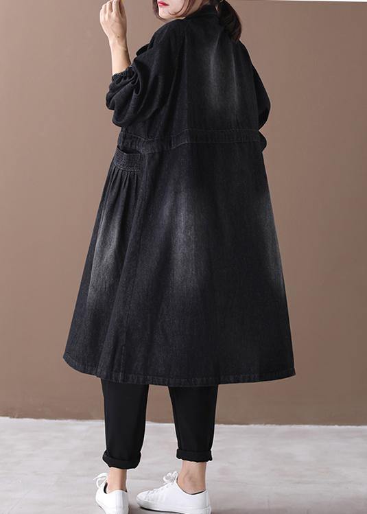Women stand collar Cinched Fashion coat denim black loose outwears - bagstylebliss