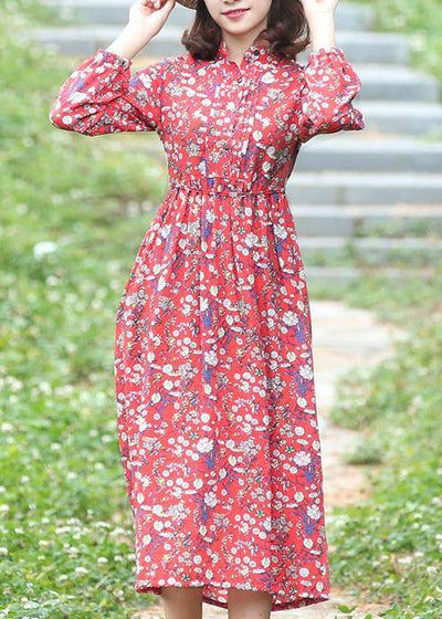 Women stand neck linen high neck clothes Fashion Ideas red floral Dress - bagstylebliss