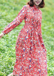 Women stand neck linen high neck clothes Fashion Ideas red floral Dress - bagstylebliss