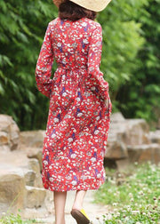 Women stand neck linen high neck clothes Fashion Ideas red floral Dress - bagstylebliss