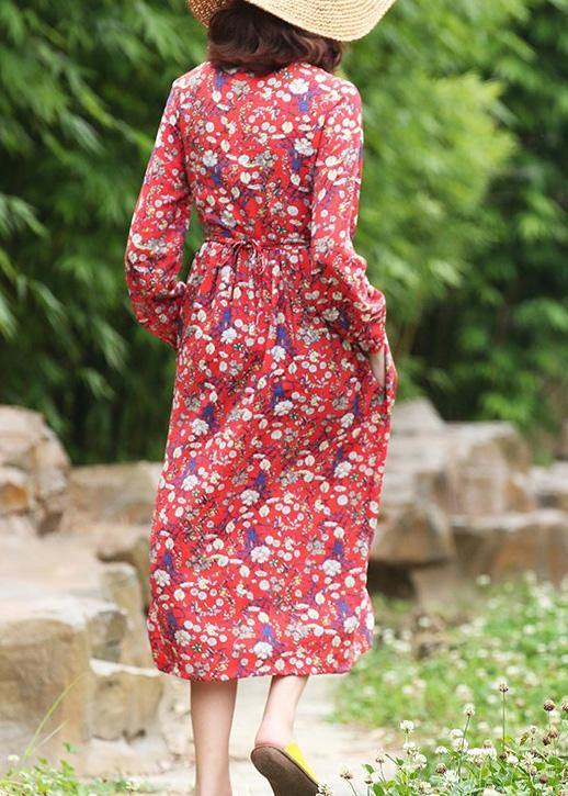 Women stand neck linen high neck clothes Fashion Ideas red floral Dress - bagstylebliss