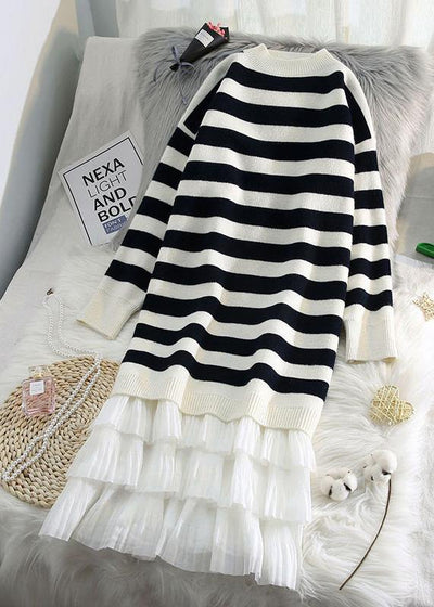 Women striped Sweater weather fashion patchwork Fuzzy knit dress - bagstylebliss