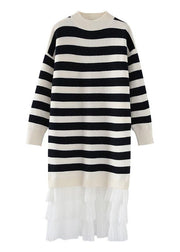 Women striped Sweater weather fashion patchwork Fuzzy knit dress - bagstylebliss