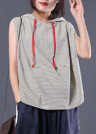 Women striped hooded cotton clothes sleeveless cotton summer top - bagstylebliss