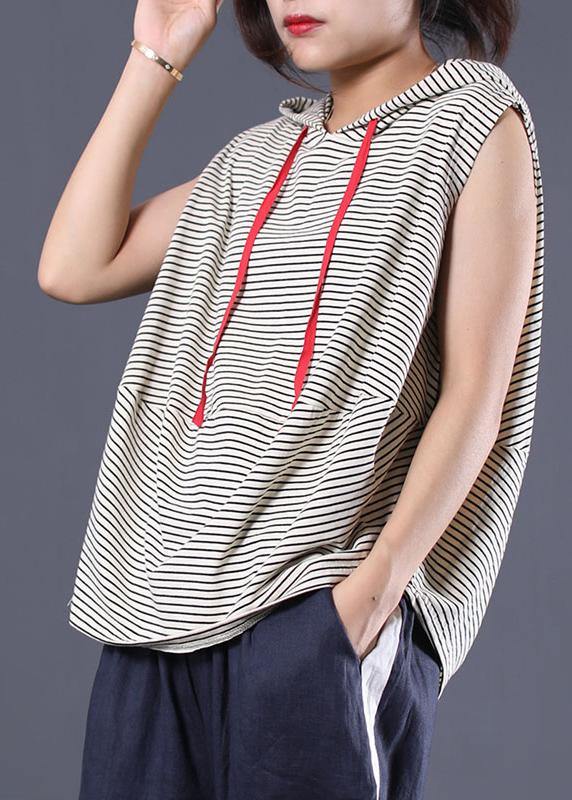 Women striped hooded cotton clothes sleeveless cotton summer top - bagstylebliss