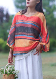 Women striped linen shirts women o neck Batwing Sleeve loose summer blouses - bagstylebliss