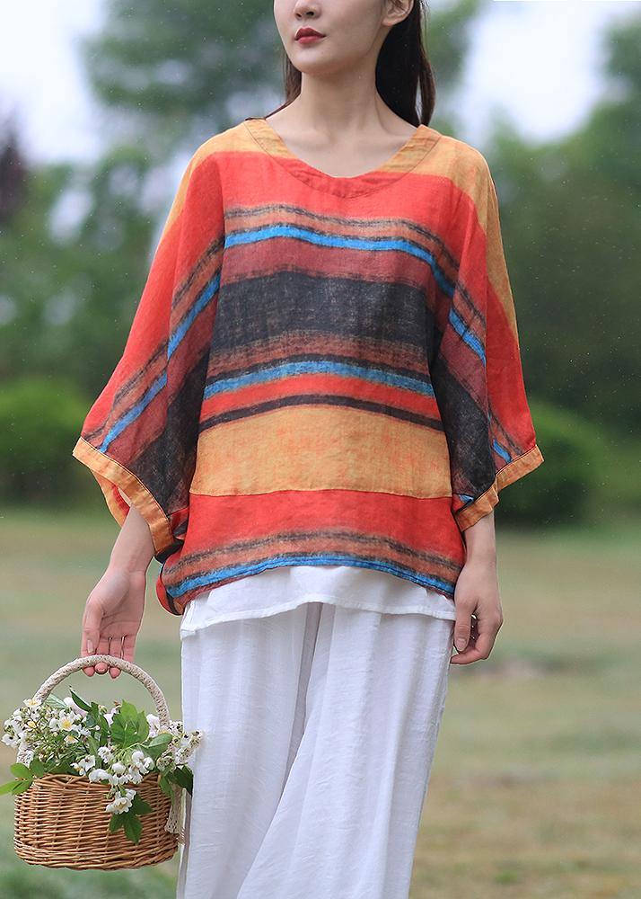 Women striped linen shirts women o neck Batwing Sleeve loose summer blouses - bagstylebliss