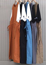 Women tie waist Khaki Cotton big hem Summer Holiday Dress - bagstylebliss