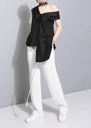 Women tie waist cotton crane tops Sleeve black blouses summer - bagstylebliss