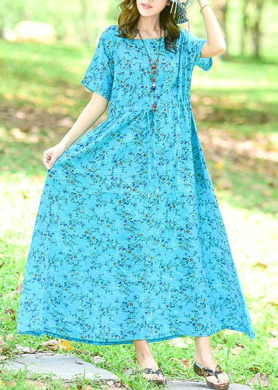 Women tie waist cotton dress Tutorials blue print long Dress summer - bagstylebliss