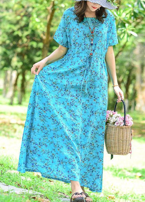 Women tie waist cotton dress Tutorials blue print long Dress summer - bagstylebliss