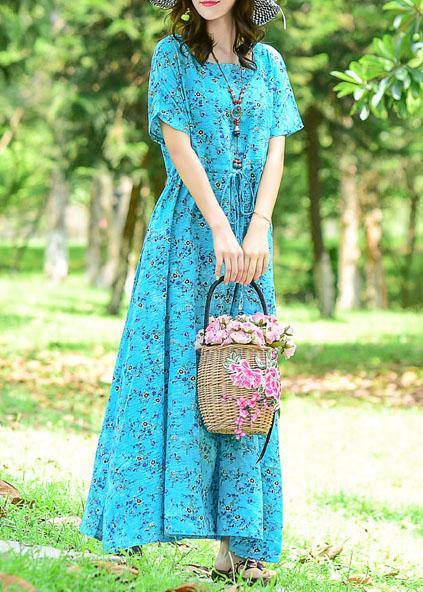 Women tie waist cotton dress Tutorials blue print long Dress summer - bagstylebliss