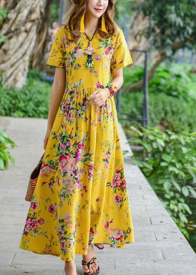 Women tie waist cotton quilting dresses design yellow print Dresses summer - bagstylebliss