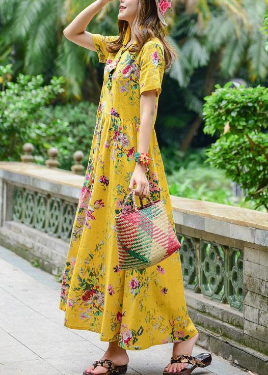 Women tie waist cotton quilting dresses design yellow print Dresses summer - bagstylebliss