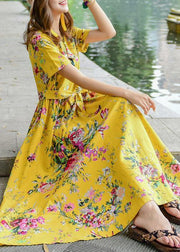 Women tie waist cotton quilting dresses design yellow print Dresses summer - bagstylebliss