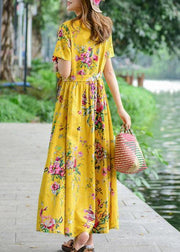 Women tie waist cotton quilting dresses design yellow print Dresses summer - bagstylebliss