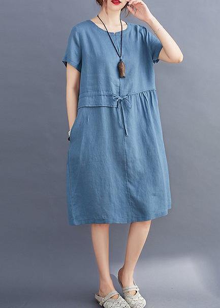 Women tie waist o neck linen summer Robes Wardrobes blue Dress - bagstylebliss