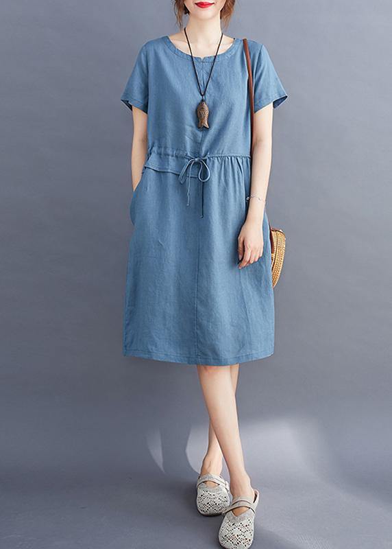 Women tie waist o neck linen summer Robes Wardrobes blue Dress - bagstylebliss