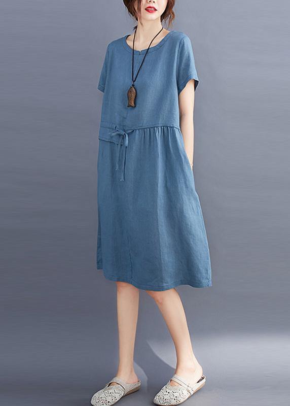 Women tie waist o neck linen summer Robes Wardrobes blue Dress - bagstylebliss