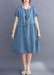 Women tie waist o neck linen summer Robes Wardrobes blue Dress - bagstylebliss