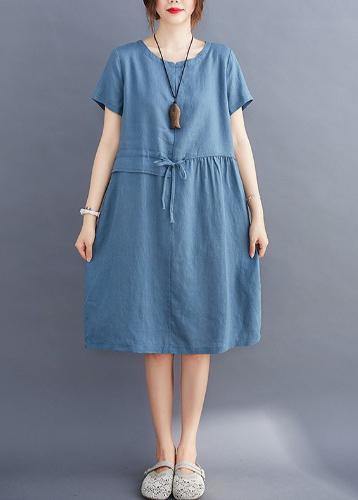 Women tie waist o neck linen summer Robes Wardrobes blue Dress - bagstylebliss