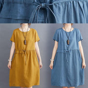 Women tie waist o neck linen summer Robes Wardrobes blue Dress - bagstylebliss