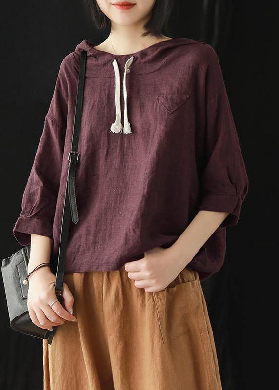 Women top silhouette 2019 Linen Summer Literary burgundy Hooded Three Quarter Sleeve T-shirt - bagstylebliss