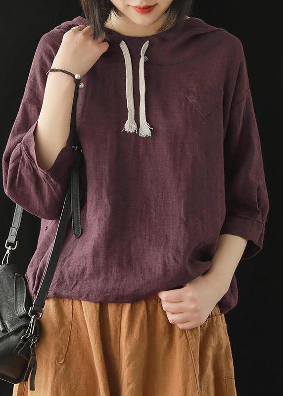 Women top silhouette 2019 Linen Summer Literary burgundy Hooded Three Quarter Sleeve T-shirt - bagstylebliss