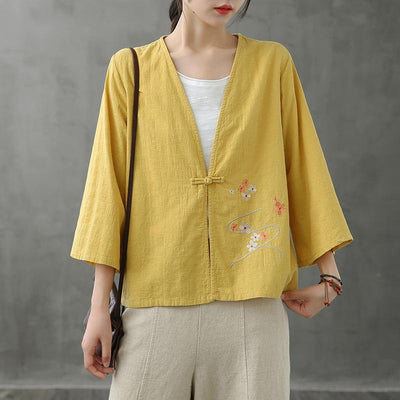 Women v neck Chinese Button tops blouses pattern yellow shirts - bagstylebliss