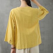 Women v neck Chinese Button tops blouses pattern yellow shirts - bagstylebliss