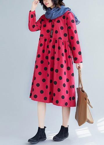 Women v neck Cotton quilting dresses Tunic Tops red dotted Dress fall - bagstylebliss