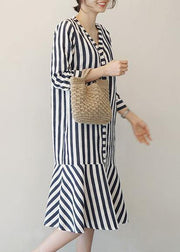 Women v neck Ruffles Cotton clothes Neckline striped Dresses - bagstylebliss