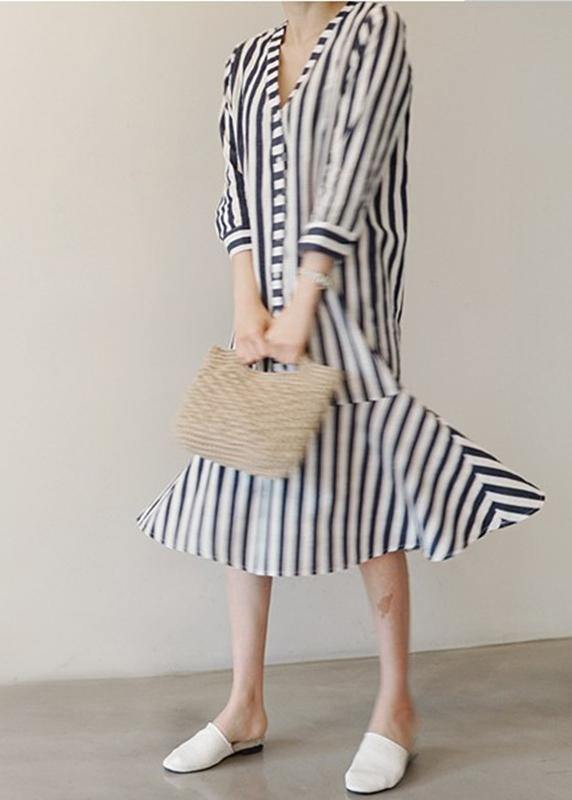 Women v neck Ruffles Cotton clothes Neckline striped Dresses - bagstylebliss