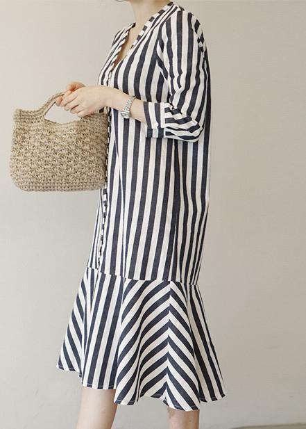 Women v neck Ruffles Cotton clothes Neckline striped Dresses - bagstylebliss