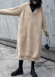 Women v neck Sweater dress outfit Largo khaki tunic sweater dress - bagstylebliss