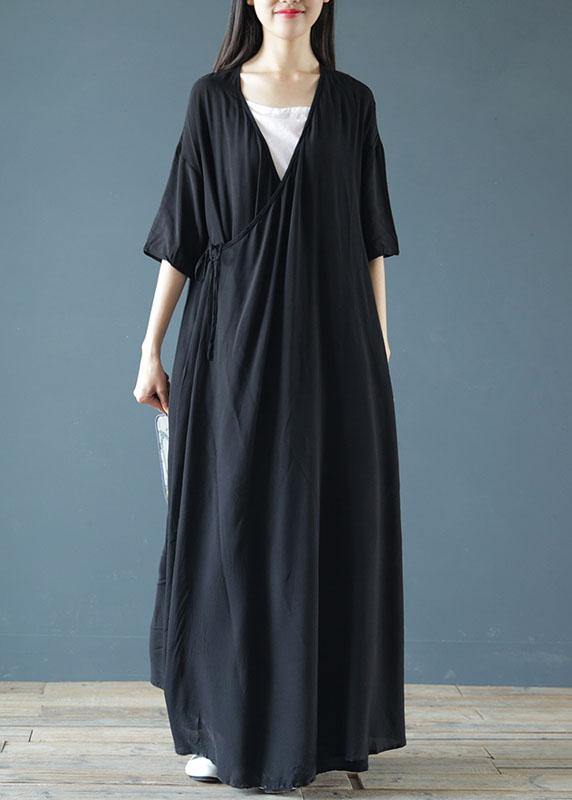 Women v neck asymmetric cotton summer Tunics pattern black Maxi Dresses - bagstylebliss