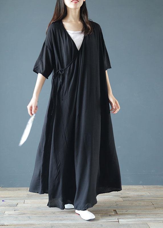 Women v neck asymmetric cotton summer Tunics pattern black Maxi Dresses - bagstylebliss