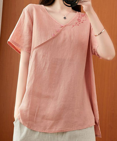 Women v neck clothes For Women Sleeve pink embroidery tops - bagstylebliss