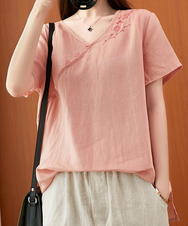 Women v neck clothes For Women Sleeve pink embroidery tops - bagstylebliss