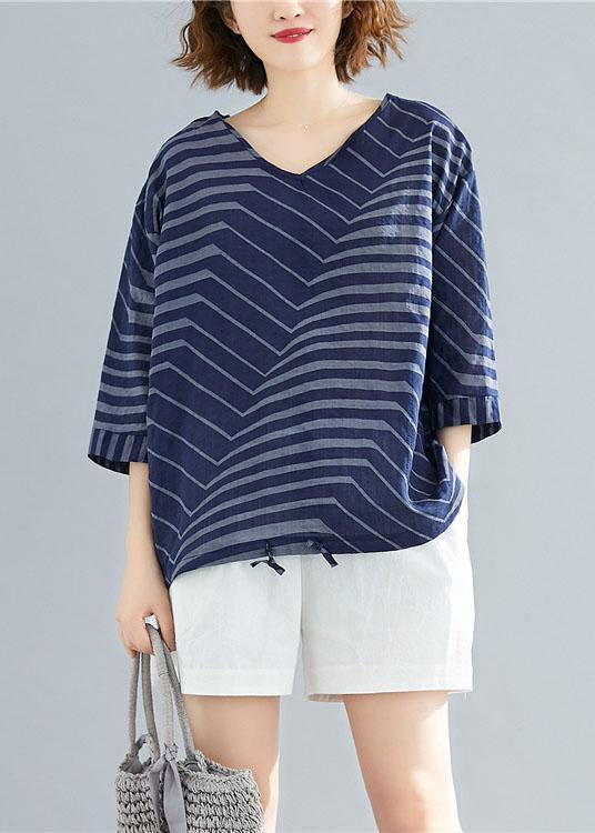 Women v neck cotton linen shirts blue striped short blouses summer - bagstylebliss