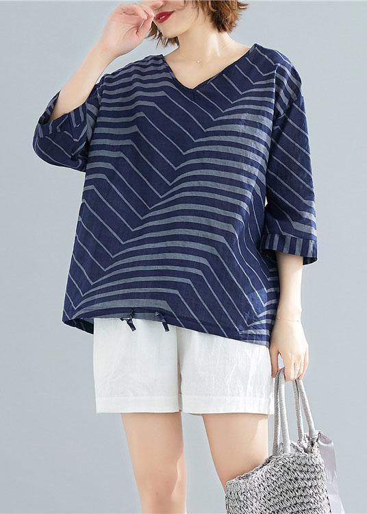 Women v neck cotton linen shirts blue striped short blouses summer - bagstylebliss