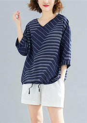 Women v neck cotton linen shirts blue striped short blouses summer - bagstylebliss