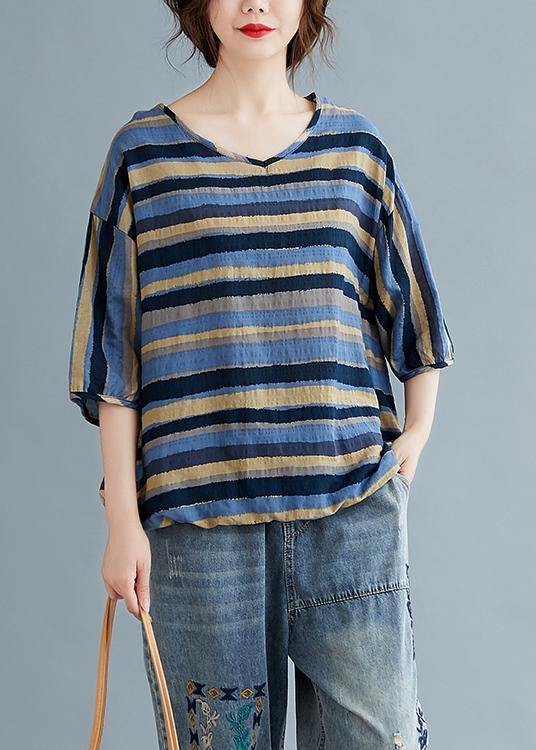 Women v neck cotton summerTunic blue striped tunic top - bagstylebliss