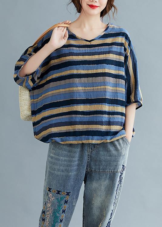 Women v neck cotton summerTunic blue striped tunic top - bagstylebliss