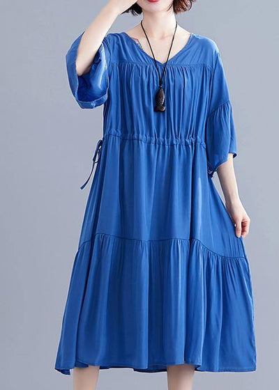 Women v neck drawstring Cotton Catwalk blue Dress summer - bagstylebliss