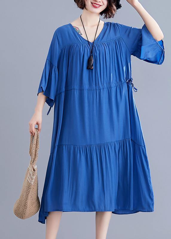 Women v neck drawstring Cotton Catwalk blue Dress summer - bagstylebliss