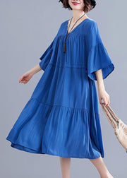 Women v neck drawstring Cotton Catwalk blue Dress summer - bagstylebliss