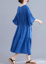 Women v neck drawstring Cotton Catwalk blue Dress summer - bagstylebliss